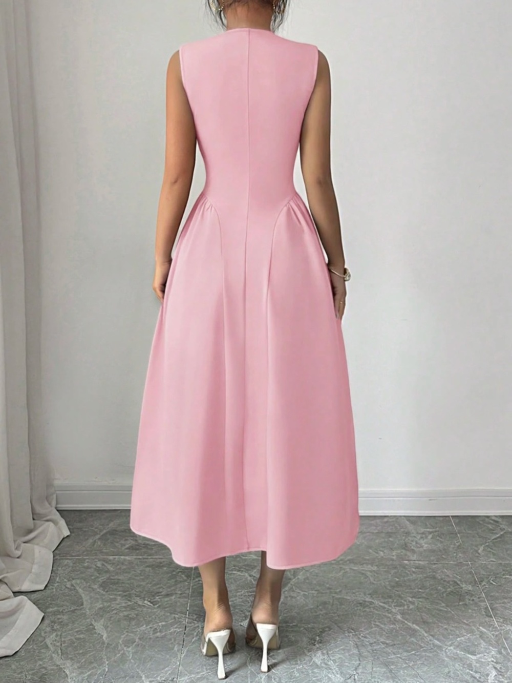Luxe Solid Button Detail Wide Collar Flared High Waisted Dress - Picture 7 of 11